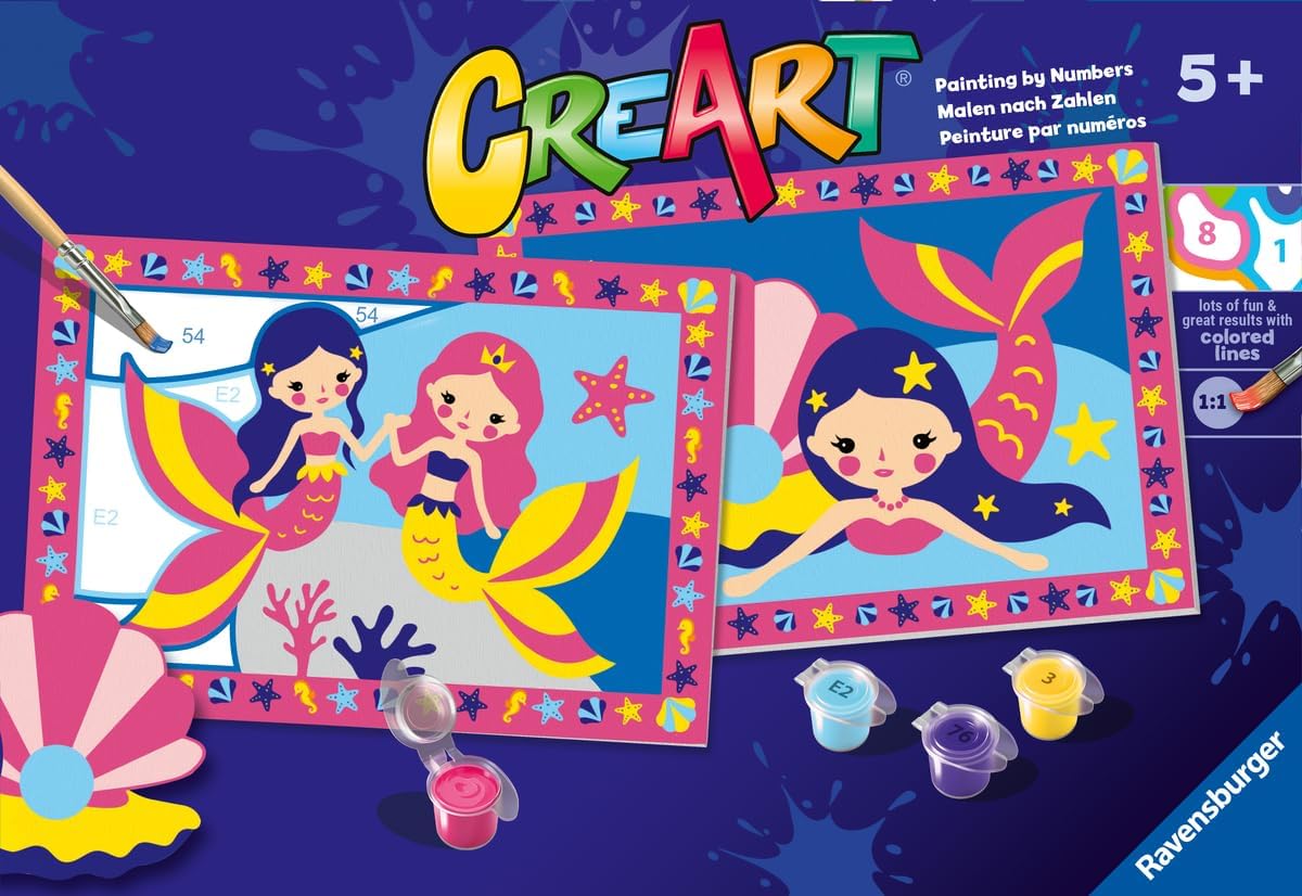 Ravensburger - CreArt Junior Series: Magic Mermaid, Paint by Number Kit, Contains Two Pre-Printed Boards, a Brush, Colors, Creative Game for Boys and Girls 5+ Years Old
