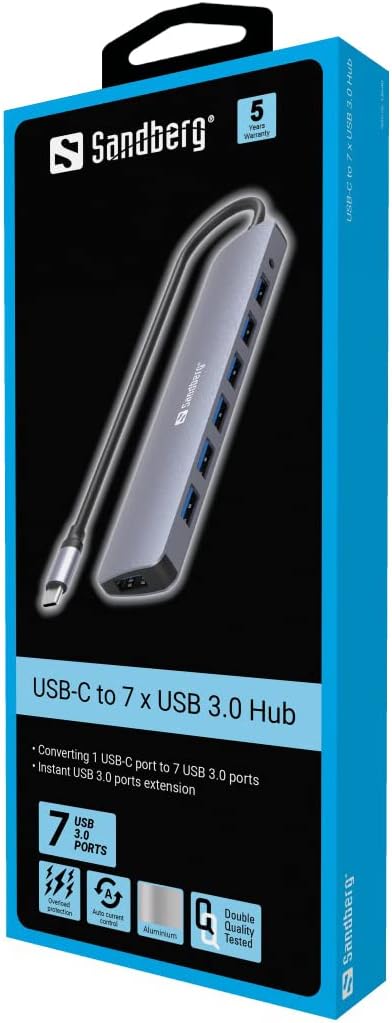 Sandberg USB-C to 7x USB 3.0 Hub | USB Hub | 7 Data Ports | Plug & Play | USB-C Adapter Multiport | USB Splitter | Fast Data Transfer | Power-Through | USB 3.0 Extension Hub for PC Laptop MacBook