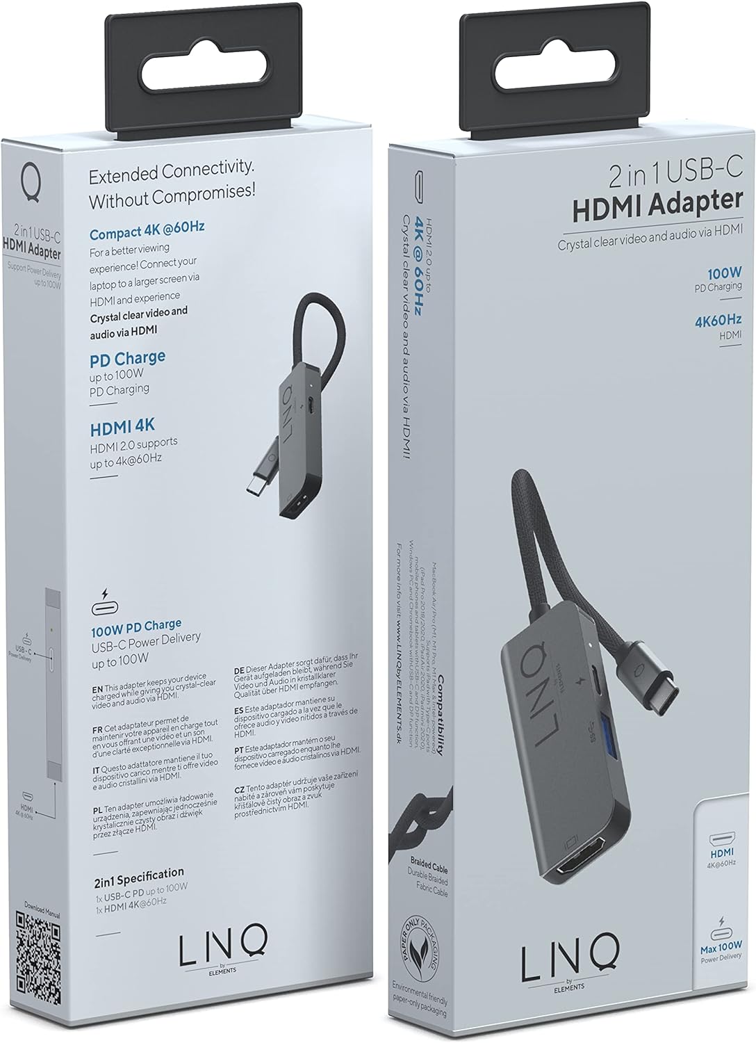Linq 2 in 1 HDMI Adapter 4K HDMI Adapter with USB-C Port - Compatible with Macbooks, iPads, Smartphones, PCs & Nintendo Switch