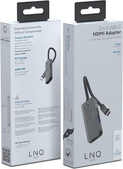 Linq 2 in 1 HDMI Adapter 4K HDMI Adapter with USB-C Port - Compatible with Macbooks, iPads, Smartphones, PCs & Nintendo Switch