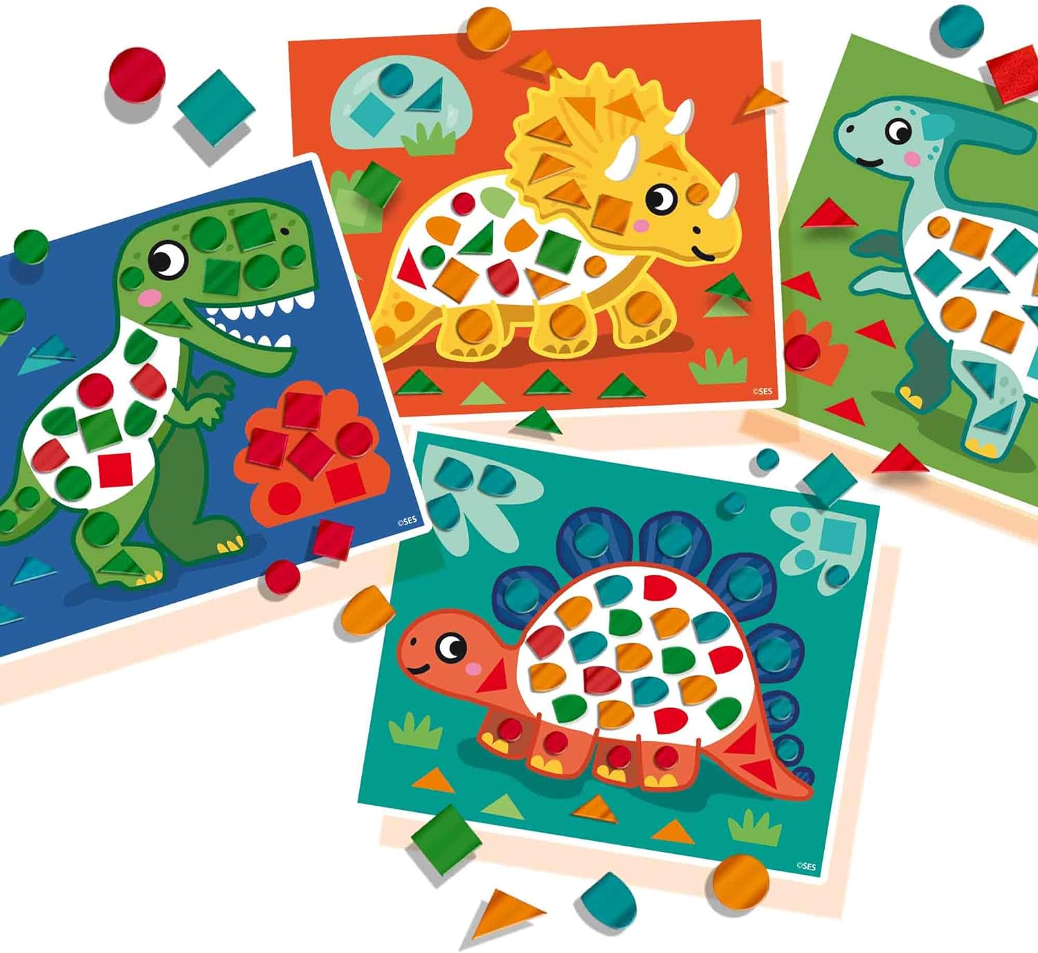 SES Creative 14830 Dinosaurier Mosaik Lernset für Kinder - Mit 4 großen Metallic-Mosaikkarten ab 3 Jahren, Diverse Farben