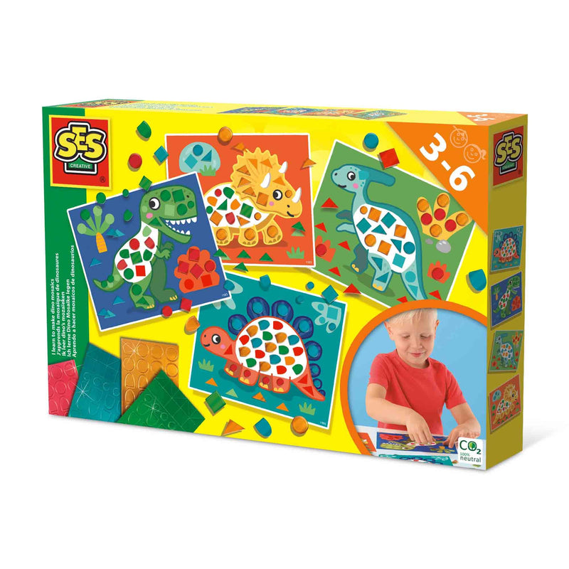 SES Creative 14830 Dinosaurier Mosaik Lernset für Kinder - Mit 4 großen Metallic-Mosaikkarten ab 3 Jahren, Diverse Farben