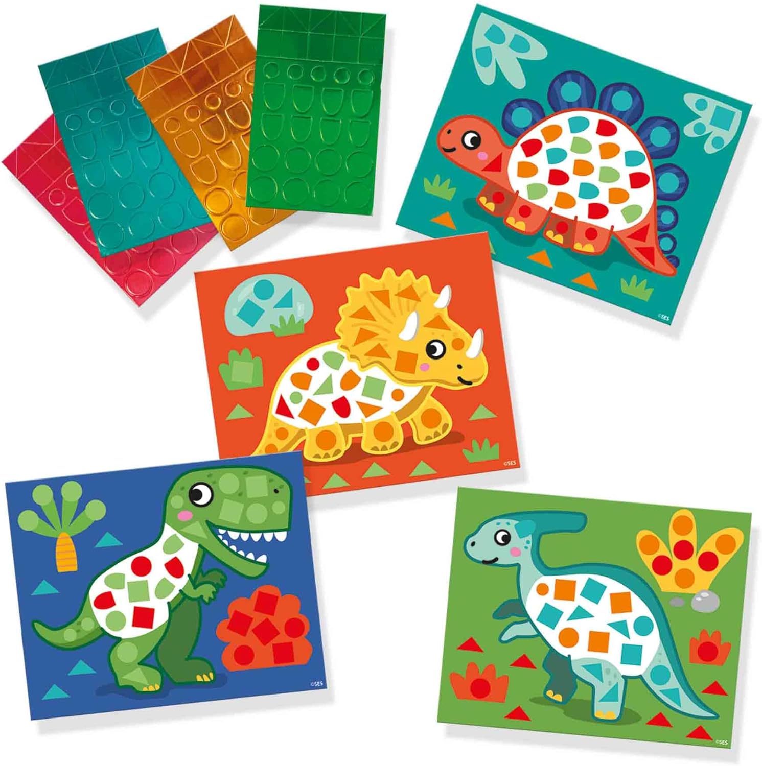 SES Creative 14830 Dinosaurier Mosaik Lernset für Kinder - Mit 4 großen Metallic-Mosaikkarten ab 3 Jahren, Diverse Farben