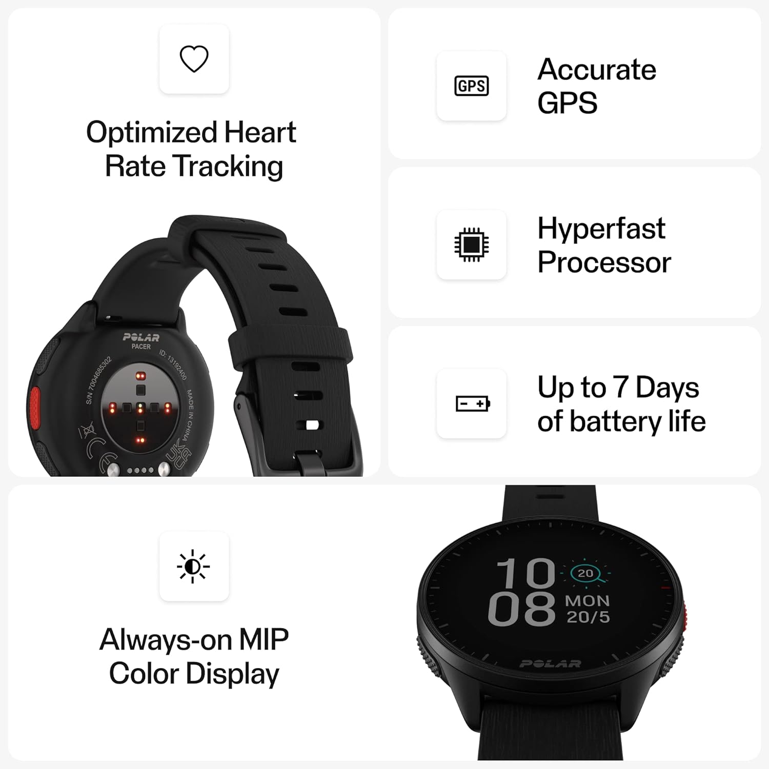 Smart Watch With Pedometer Polar Black 1,2`` + 45 Mm