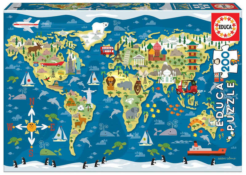 Educa - Mapamundi, Sean Sims, Puzzle Infantil de 200 Piezas, Medida aproximada una Vez montado 40 x 28 cm, Compuesto por Grandes Piezas Perfectamente acabadas, A Partir de 6 años (19292