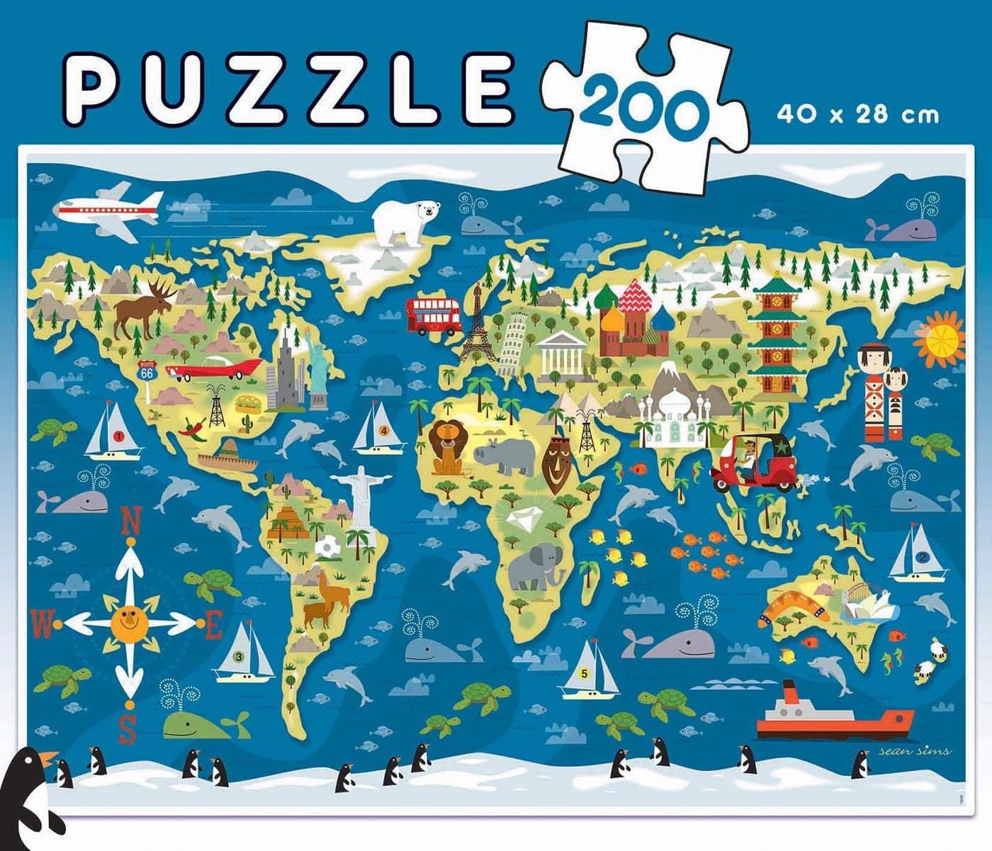 Educa - Mapamundi, Sean Sims, Puzzle Infantil de 200 Piezas, Medida aproximada una Vez montado 40 x 28 cm, Compuesto por Grandes Piezas Perfectamente acabadas, A Partir de 6 años (19292