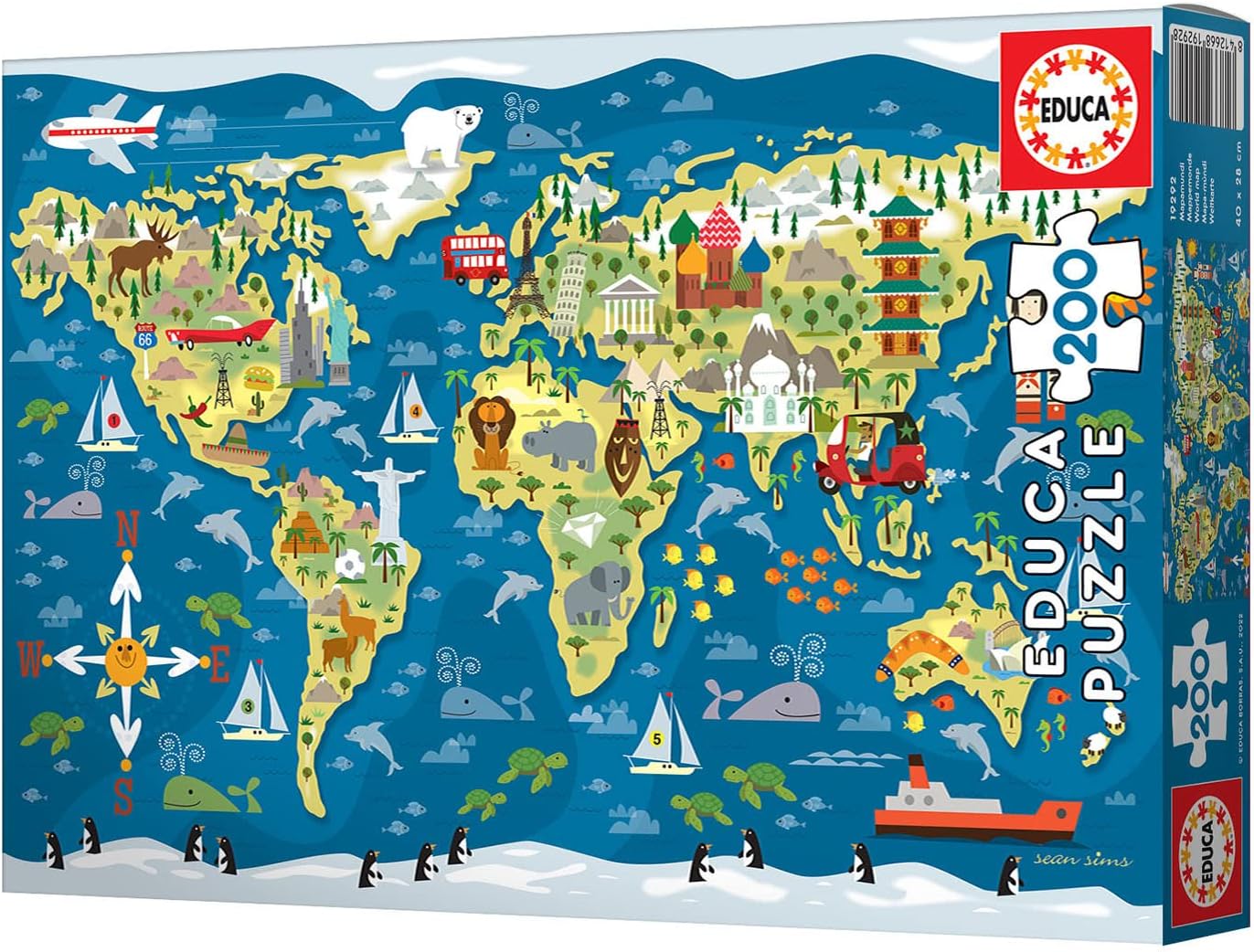 Educa - Mapamundi, Sean Sims, Puzzle Infantil de 200 Piezas, Medida aproximada una Vez montado 40 x 28 cm, Compuesto por Grandes Piezas Perfectamente acabadas, A Partir de 6 años (19292