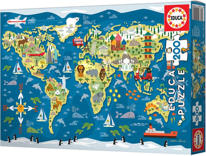 Educa - Mapamundi, Sean Sims, Puzzle Infantil de 200 Piezas, Medida aproximada una Vez montado 40 x 28 cm, Compuesto por Grandes Piezas Perfectamente acabadas, A Partir de 6 años (19292