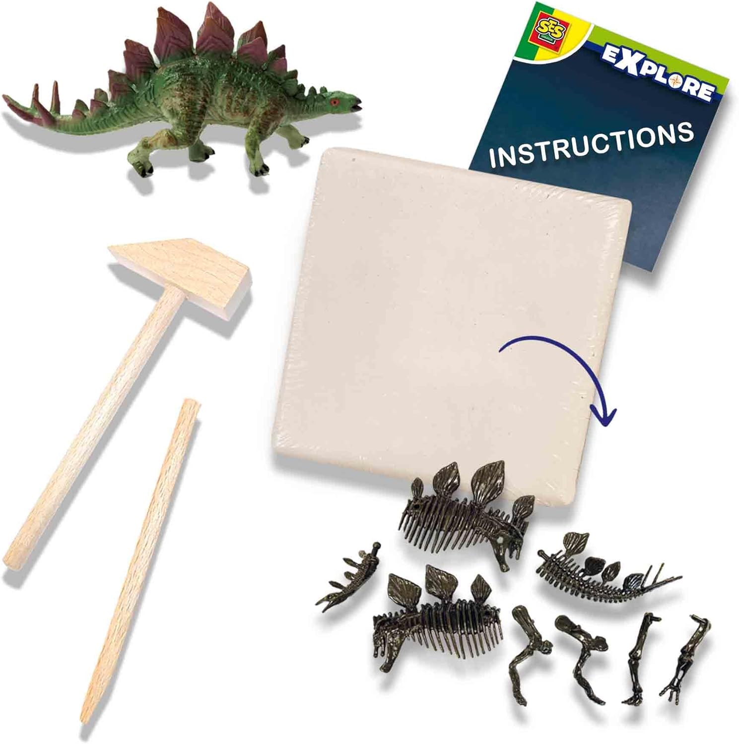 SES Creative 25094 2 in 1 Dinosaur and Skeleton Dig-Stegosaurus, One Size