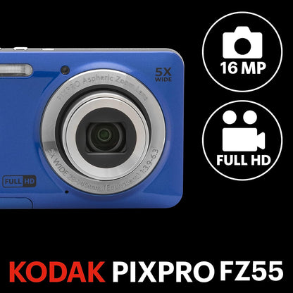 KODAK PIXPRO FZ55-BL 16MP Digitale Camera 5X Optische Zoom 28mm Groothoek 1080P Full HD Video 2,7 inch LCD Vlogging Camera (Blauw