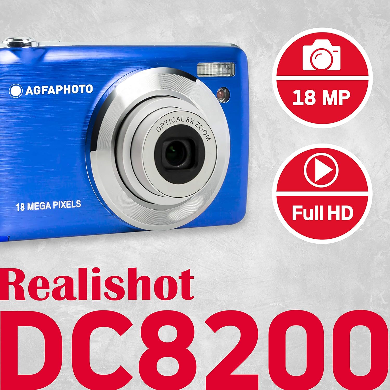 AGFA Photo Realishot DC8200 - Cámara Digital compacta (18MP, vídeo Full HD, Pantalla LCD de 2,7 Pulgadas, Zoom óptico 8X, batería de Litio y Tarjeta SD de 16 GB) Azul