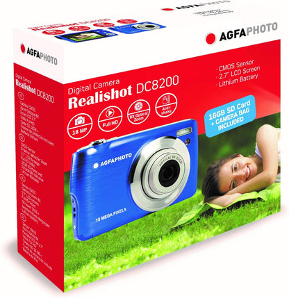AGFA Photo Realishot DC8200 - Cámara Digital compacta (18MP, vídeo Full HD, Pantalla LCD de 2,7 Pulgadas, Zoom óptico 8X, batería de Litio y Tarjeta SD de 16 GB) Azul