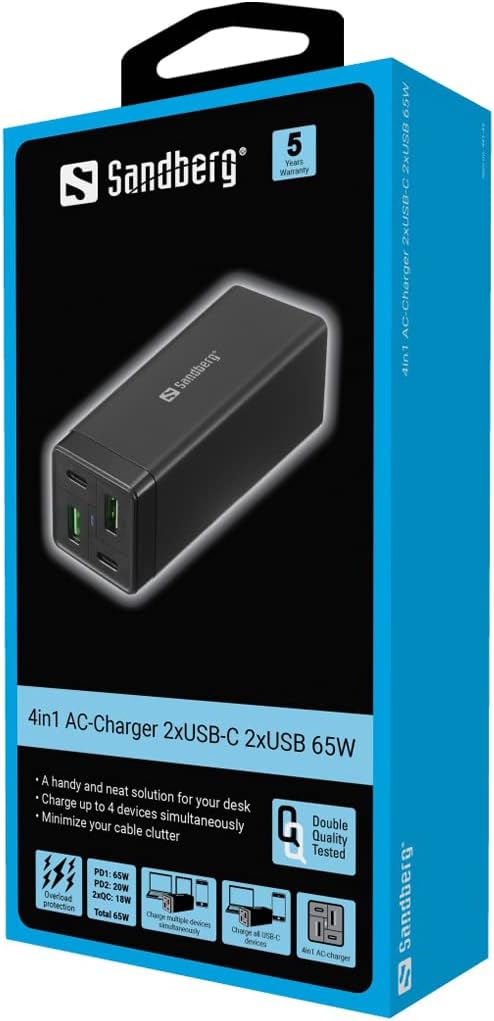 Sparepart: Sandberg 4in1 Charger 2xUSB-C 2xUSB 65W 4in1 Charger 2xUSB-C 2xUSB, 441-45 (4in1 Charger 2xUSB-C 2xUSB 65W, Notebook, Indoor, 100-240 V, 50/60 Hz, 65 W, AC-to-DC)