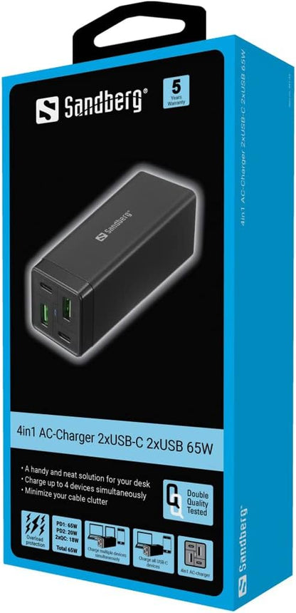 Sparepart: Sandberg 4in1 Charger 2xUSB-C 2xUSB 65W 4in1 Charger 2xUSB-C 2xUSB, 441-45 (4in1 Charger 2xUSB-C 2xUSB 65W, Notebook, Indoor, 100-240 V, 50/60 Hz, 65 W, AC-to-DC)