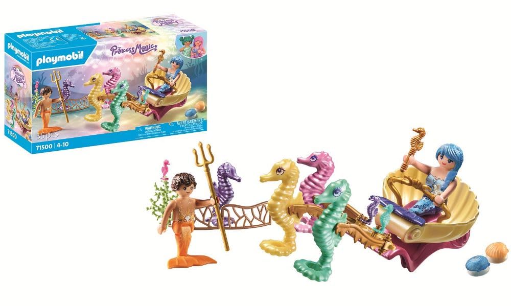 PLAYMOBIL Princess Magic 71500 Meeresbewohner mit Seepferdchenkutsche, inklusive Sieben Seepferdchen und Dekomuscheln zum Befestigen, detailreiches Spielzeug für Kinder ab 4 Jahren