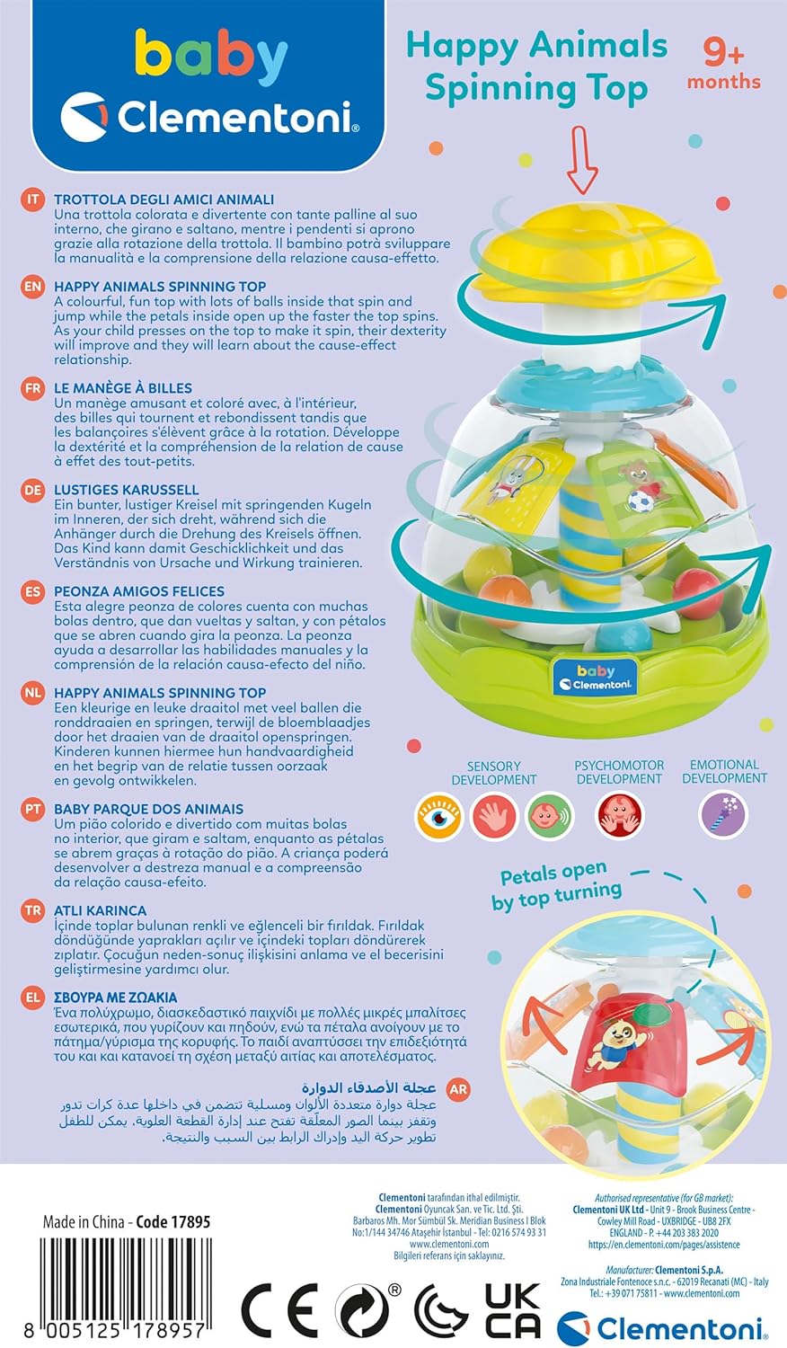 Clementoni Baby Infant Toys - Happy Friends Spinning Top - Press Spinner, Early Development & Activity Toys, Sensory Learning Toys, Gift Toddler 9 Months, 17895