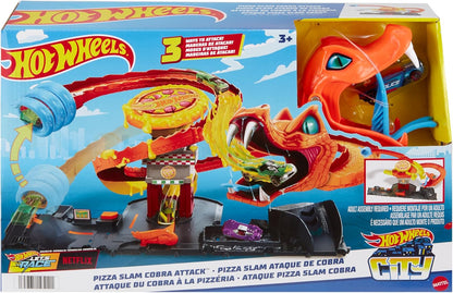 Hot Wheels City Toy Car Track Set, Pizza Slam Cobra Attack, Snake Tail Spiral Track with Randomizer, 1 Vehicle in 1:64 Scale, HTN81