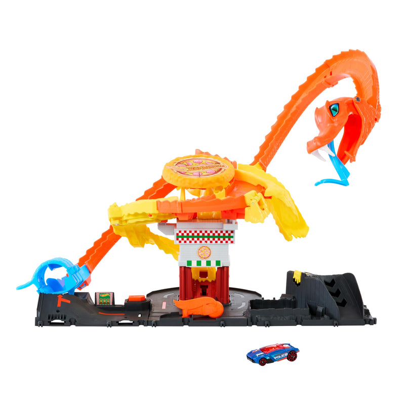 Hot Wheels City Toy Car Track Set, Pizza Slam Cobra Attack, Snake Tail Spiral Track with Randomizer, 1 Vehicle in 1:64 Scale, HTN81