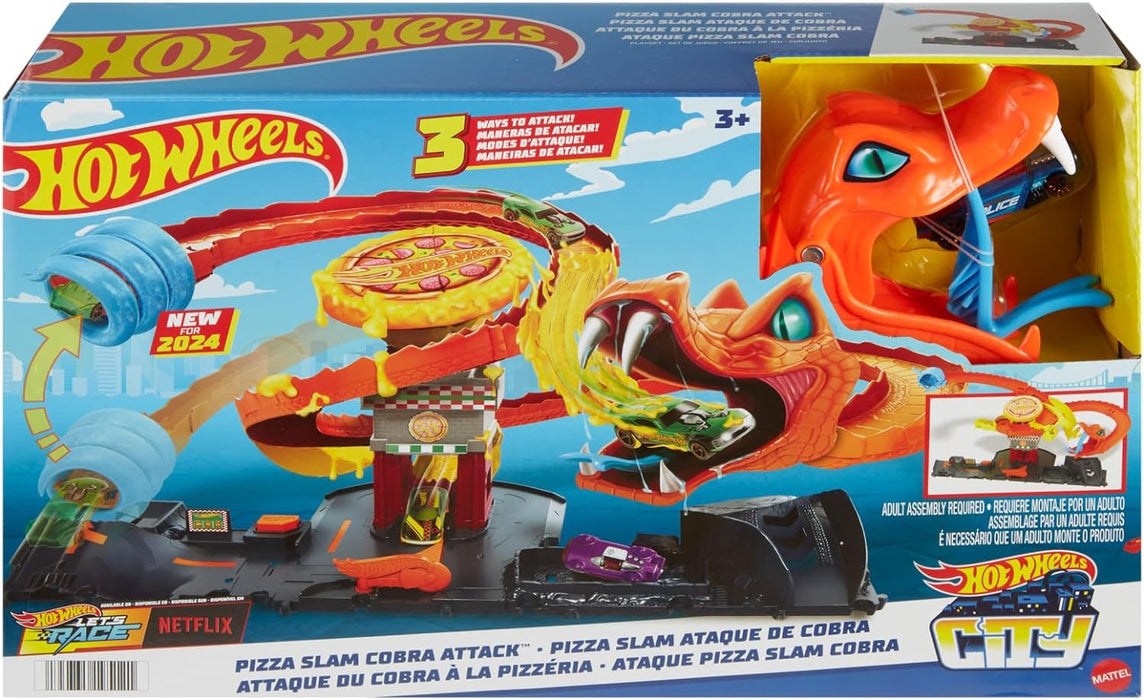 Hot Wheels City Toy Car Track Set, Pizza Slam Cobra Attack Playset, Snake Tail Spiral Track with Randomizer, 1 Vehicle in 1:64 Scale