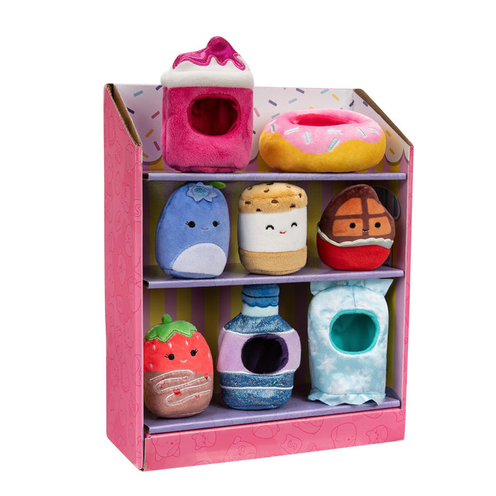 Squishville by Original Squishmallows Snack Machine Accessory Pack - Four 2-inch Squishmallows Plush Including Bluby, Kaoko, Scarlett, and Paulton and Four Plush Costumes - Toys for Kids