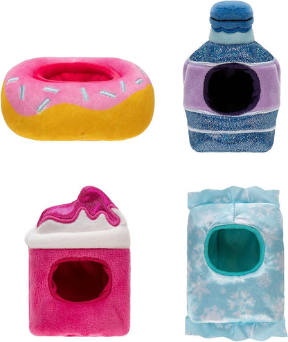 Squishville by Original Squishmallows Snack Machine Accessory Pack - Four 2-inch Squishmallows Plush Including Bluby, Kaoko, Scarlett, and Paulton and Four Plush Costumes - Toys for Kids