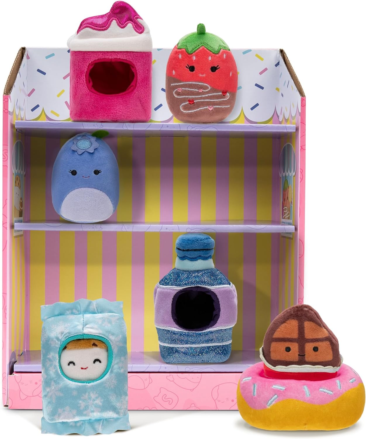 Squishville by Original Squishmallows Snack Machine Accessory Pack - Four 2-inch Squishmallows Plush Including Bluby, Kaoko, Scarlett, and Paulton and Four Plush Costumes - Toys for Kids