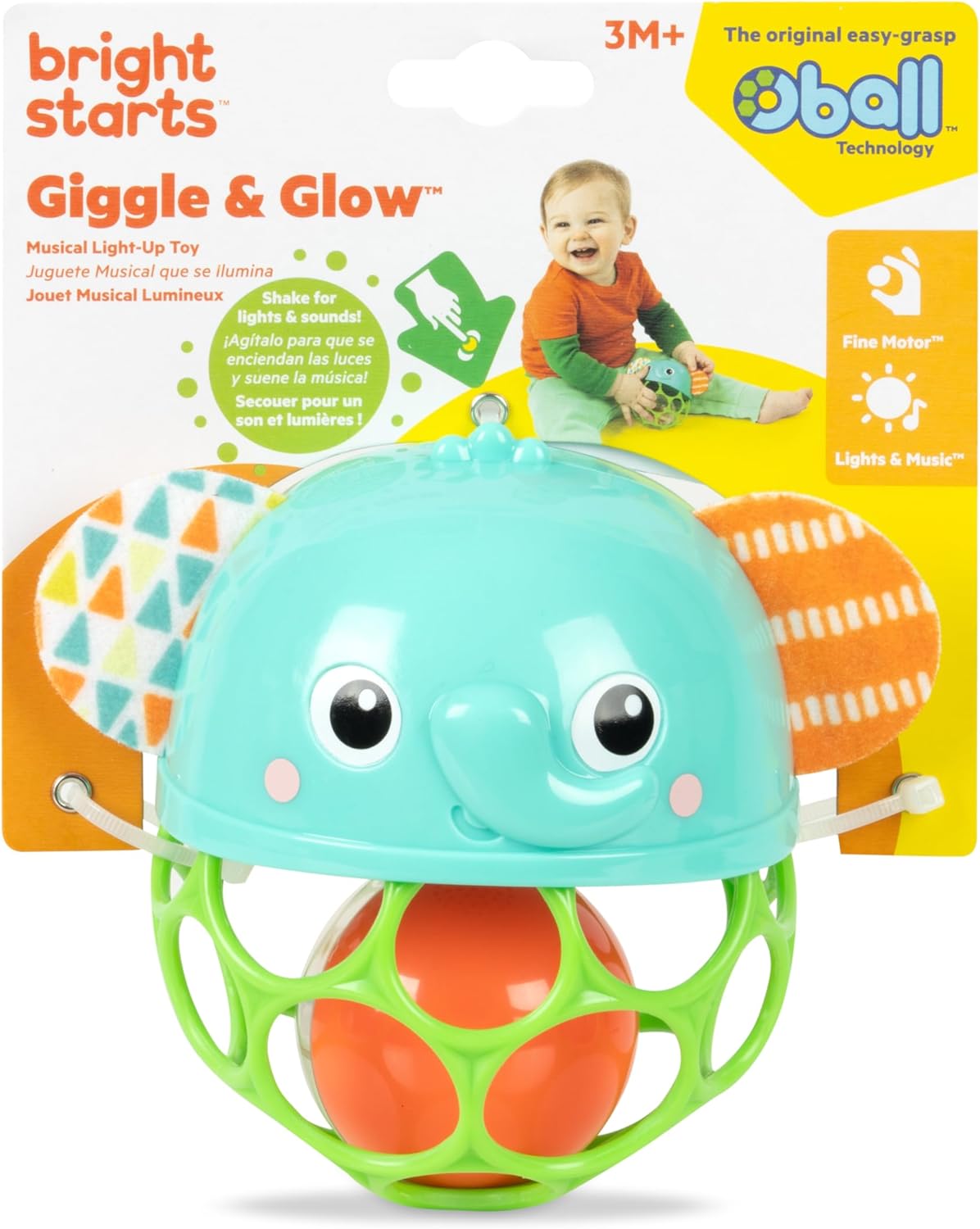 Bright Starts, Juguete de Elefante Musical y Luminoso fcil de agarrar Giggle & Glow, con tecnologa Oball, a Partir de recin Nacidos, Unisex