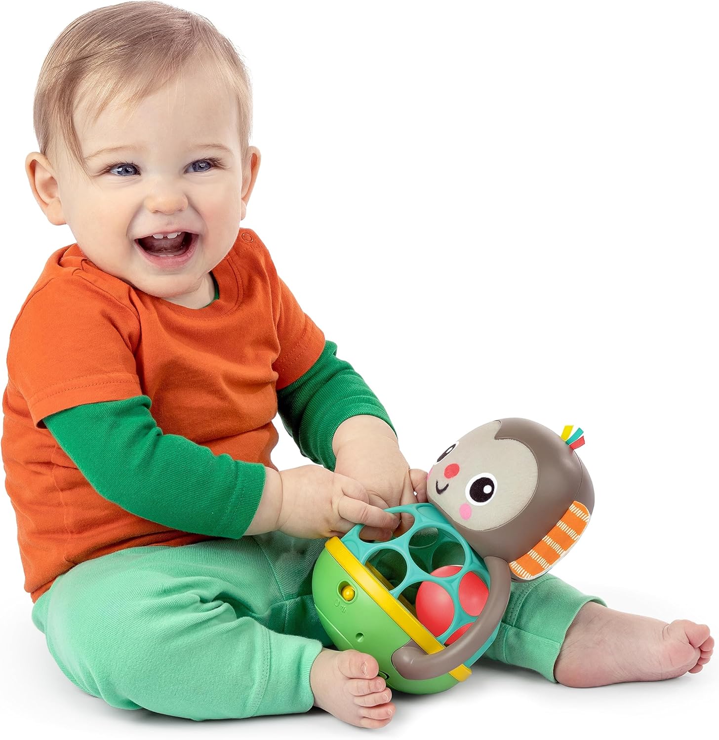 Bright Starts, Juguete sonajero Luminoso y Musical fcil de agarrar Giggle Monkey, tecnologa Oball, para Edades a Partir de 6 Meses, Unisex