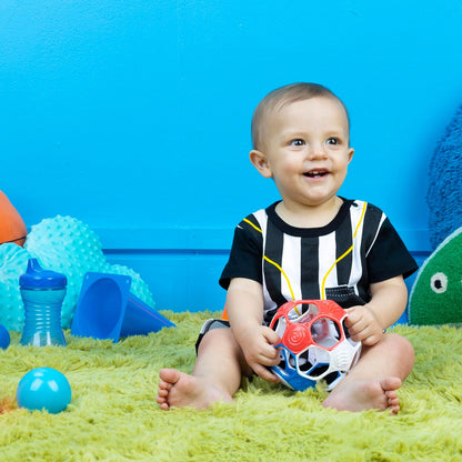 Bright Starts Oball Grippin' Goals Rattle Soccer Ball - Red, White & Blue, Easy-Grasp Toy for Newborn and Up