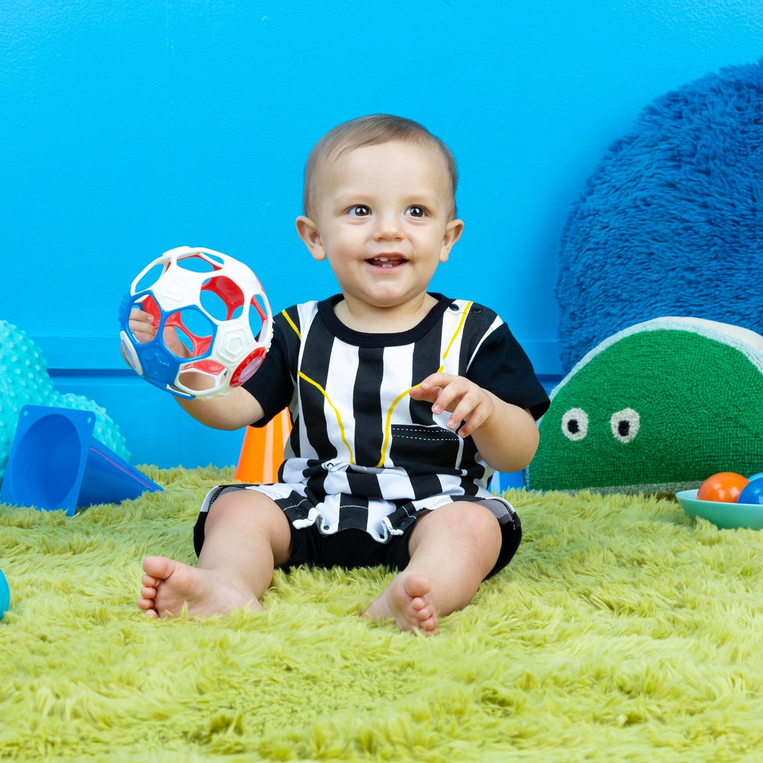 Bright Starts Oball Grippin' Goals Rattle Soccer Ball - Red, White & Blue, Easy-Grasp Toy for Newborn and Up