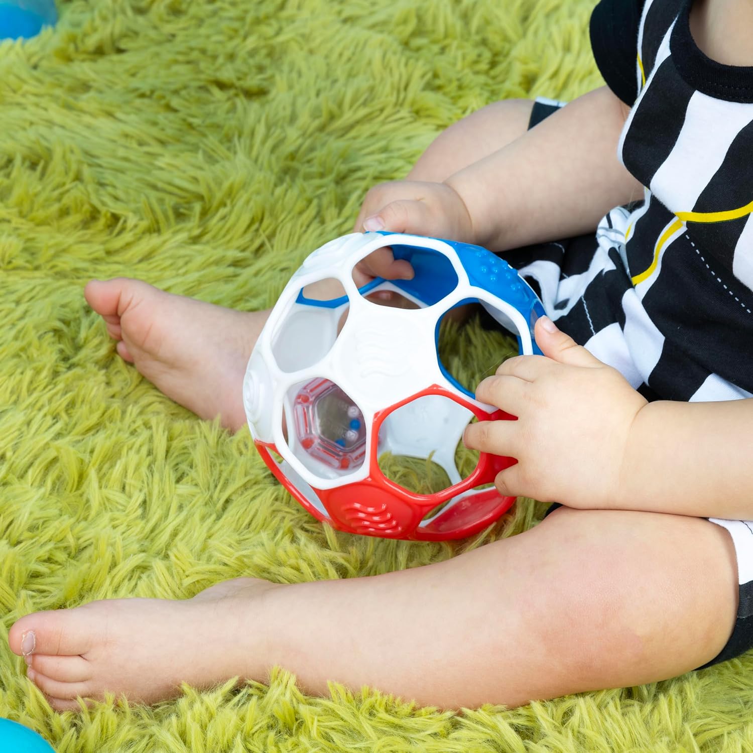 Bright Starts Oball Grippin' Goals Rattle Soccer Ball - Red, White & Blue, Easy-Grasp Toy for Newborn and Up