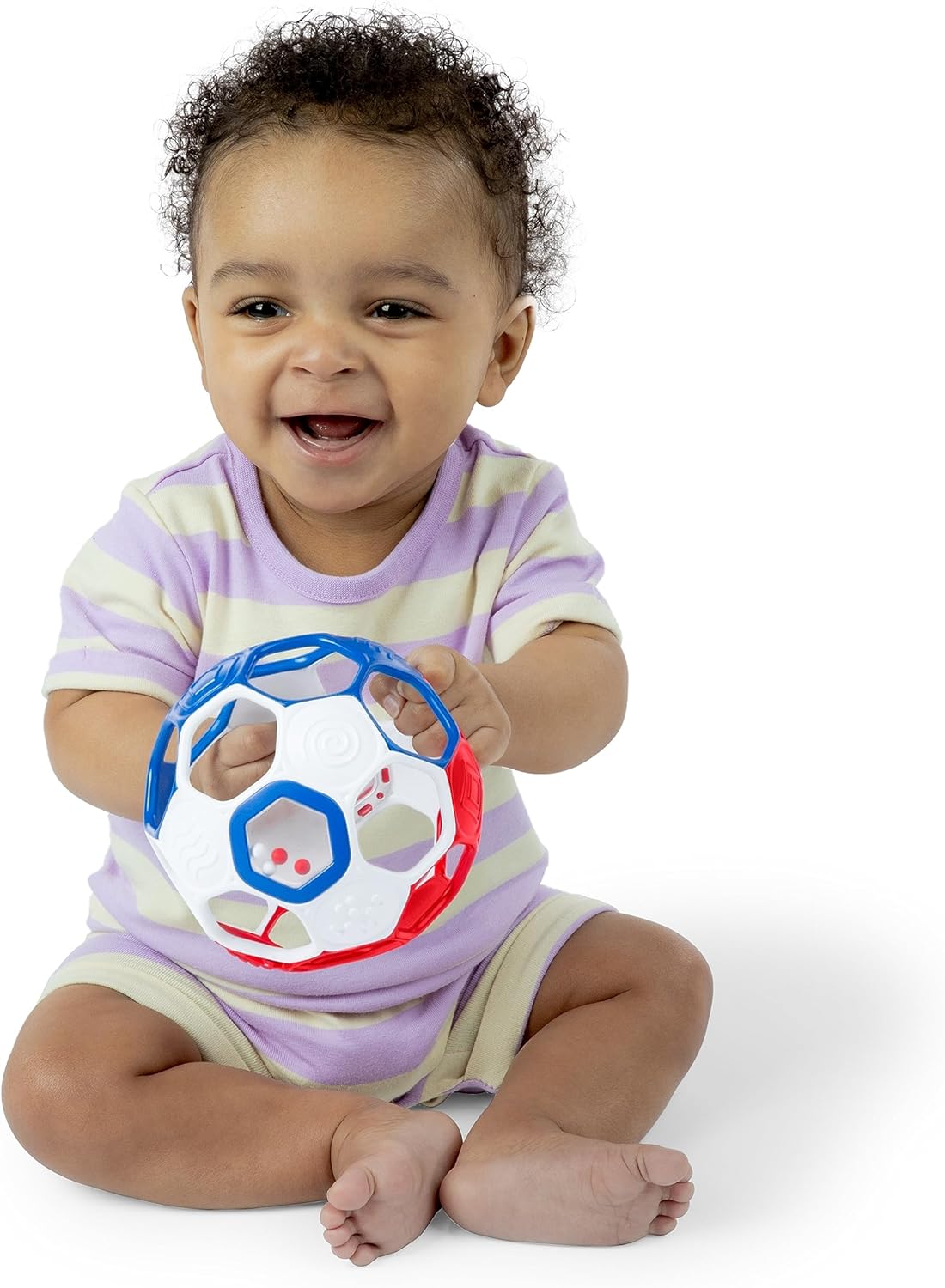 Bright Starts Oball Grippin' Goals Rattle Soccer Ball - Red, White & Blue, Easy-Grasp Toy for Newborn and Up