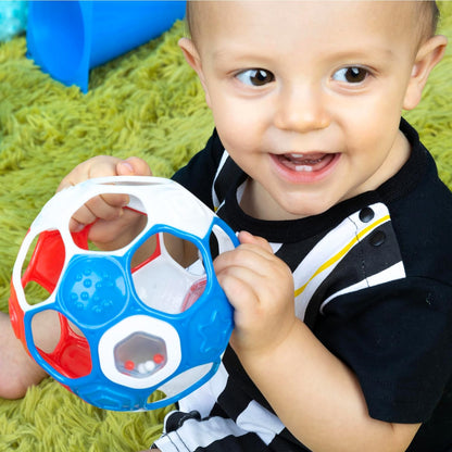 Bright Starts Oball Grippin' Goals Rattle Soccer Ball - Red, White & Blue, Easy-Grasp Toy for Newborn and Up