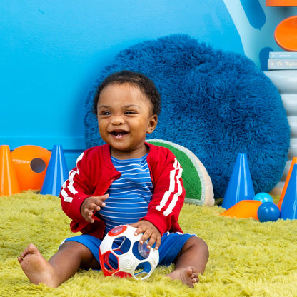 Bright Starts Oball Grippin' Goals Rattle Soccer Ball - Red, White & Blue, Easy-Grasp Toy for Newborn and Up