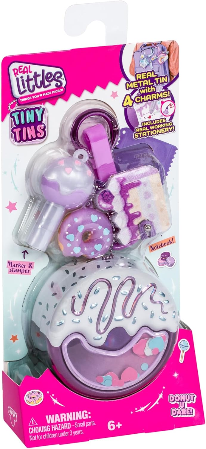 REAL LITTLES Tiny Tins | Comes with Only 1 - Real Metal Tins with 4 Adorable Charms With Micro Scale Real Working Stationery And Bag Tag Dangler | 6 Tiny Tins To Collect
