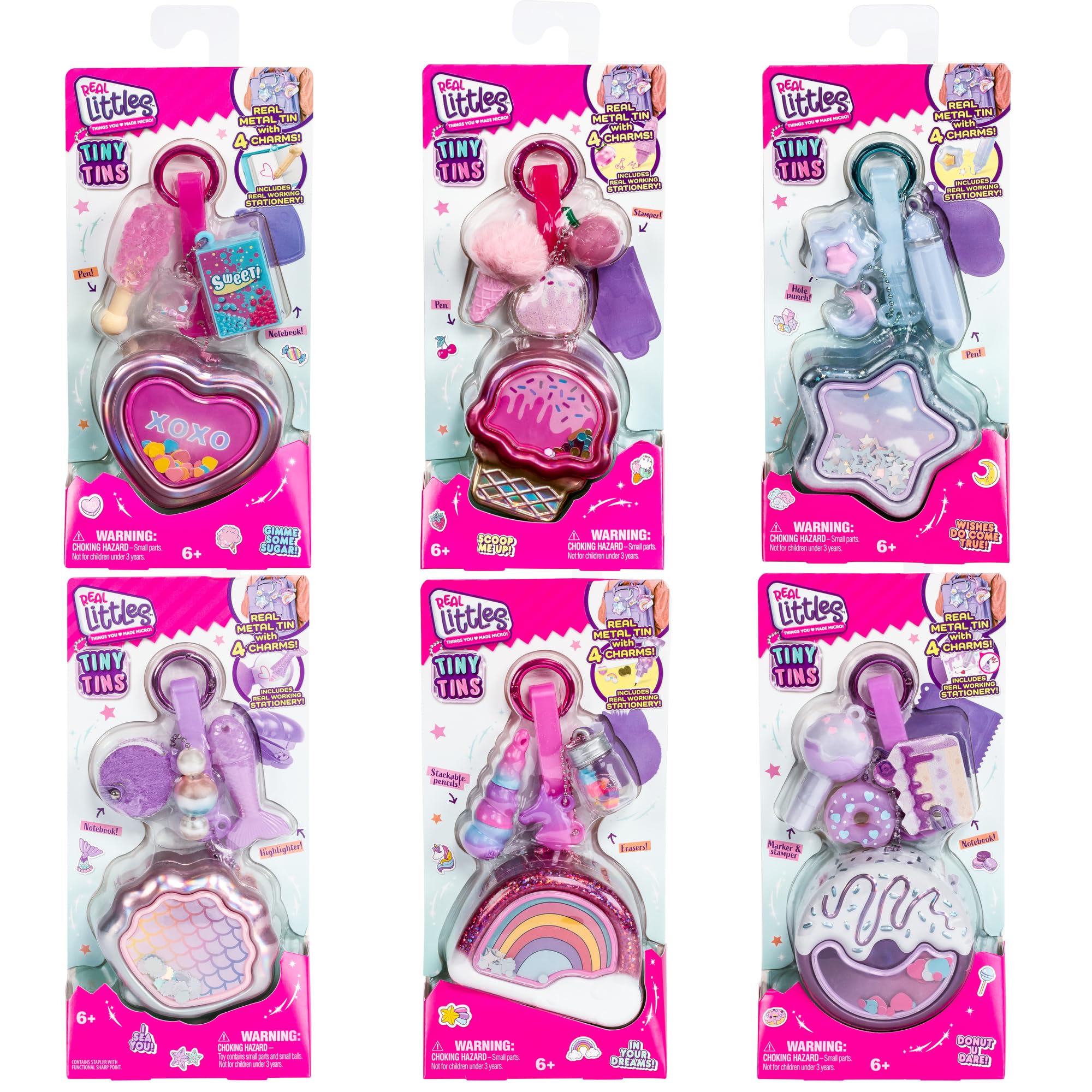 REAL LITTLES Tiny Tins | Comes with Only 1 - Real Metal Tins with 4 Adorable Charms With Micro Scale Real Working Stationery And Bag Tag Dangler | 6 Tiny Tins To Collect