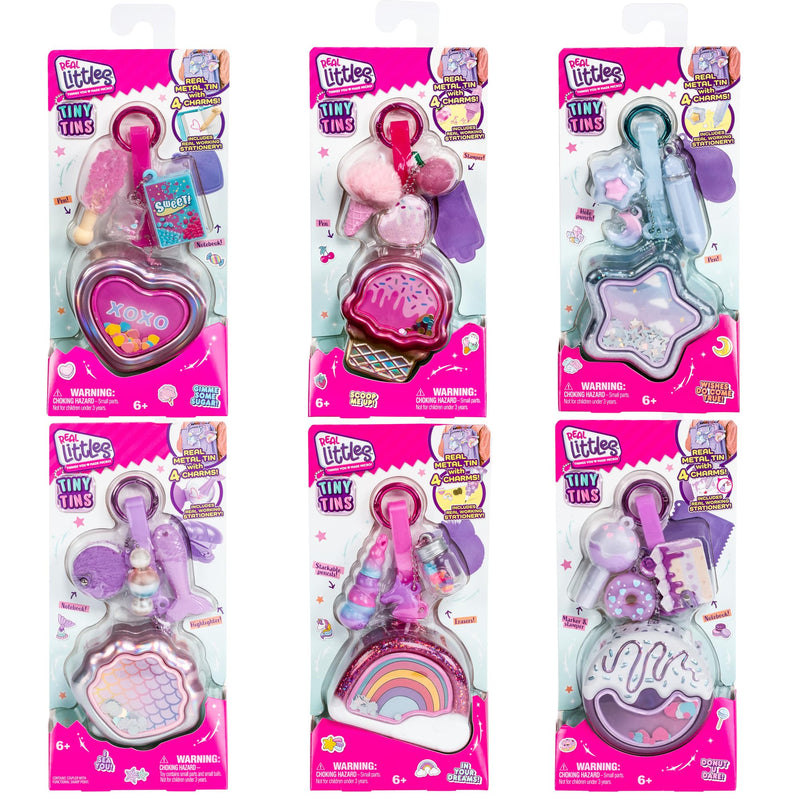 REAL LITTLES Tiny Tins | Comes with Only 1 - Real Metal Tins with 4 Adorable Charms With Micro Scale Real Working Stationery And Bag Tag Dangler | 6 Tiny Tins To Collect