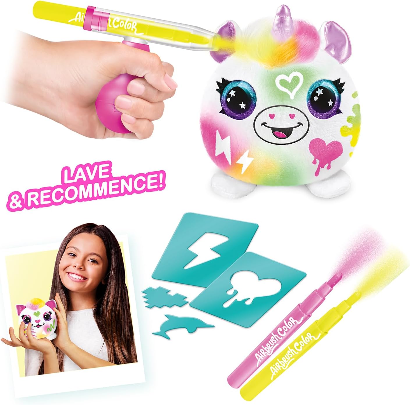 Canal Toys Airbrush Mini Surprise Plush to Customise with Pens and Stencils, 1-Pack Neon-AIR 020, White