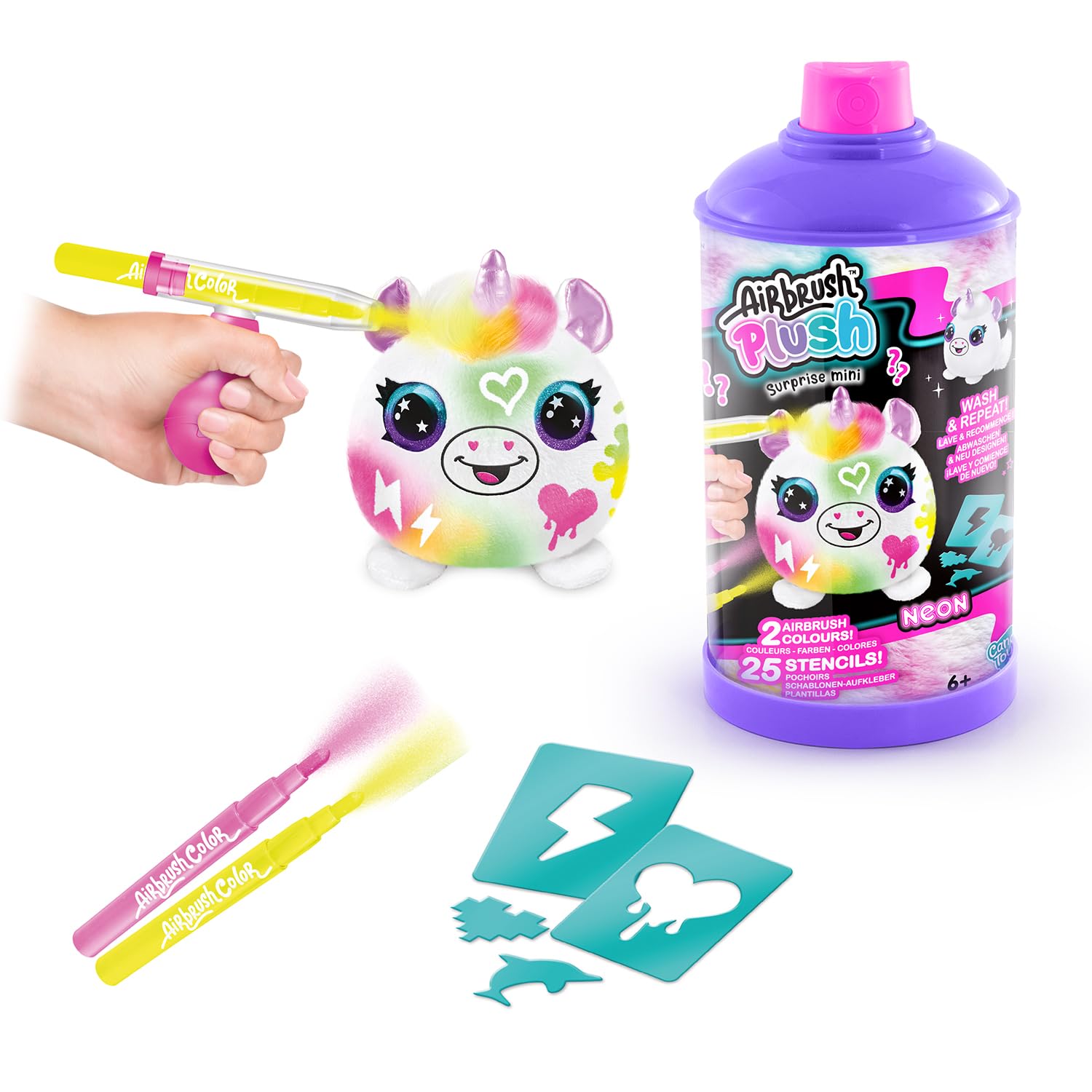 Canal Toys Airbrush Mini Surprise Plush to Customise with Pens and Stencils, 1-Pack Neon-AIR 020, White