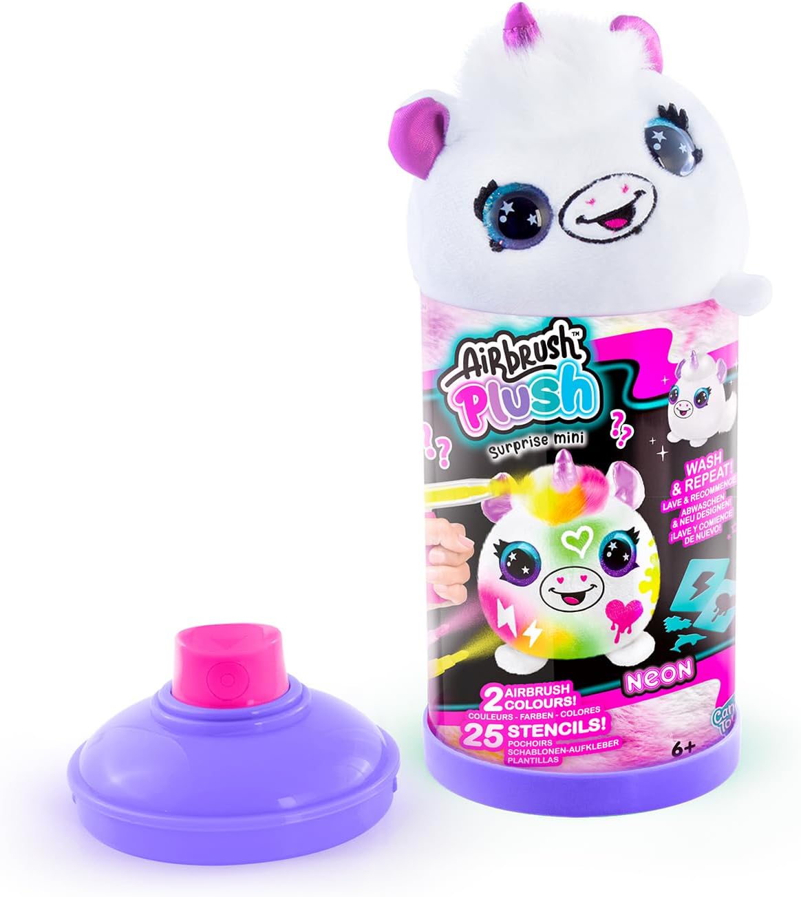 Canal Toys Airbrush Mini Surprise Plush to Customise with Pens and Stencils, 1-Pack Neon-AIR 020, White