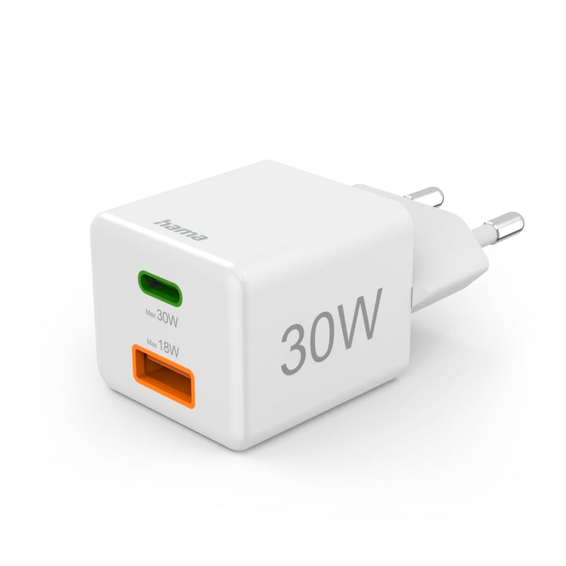 Hama Schnellladegerät, 1x USB-C PD, 1x USB-A QC, Mini-Ladegerät, 30 W, white USB charger Innenb