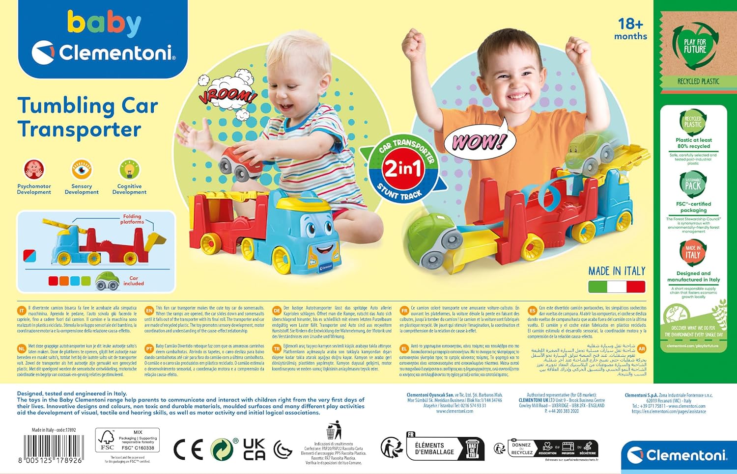 Clementoni Baby Infant Toys - Tumbling Cars Truck - Early Development & Activity Toys, Sensory Learning Toys, Gift Toddler 12 Months, Kids 1 Year, Made In Italy, 17892