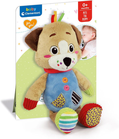 Clementoni Baby Infant Toys - Plush Pete the Puppy - New Born Gift, Animal Soft Toy, Early Development & Activity, Sensory Learning Toys, Cuddly Dog, Toddler 0 Months, Machine Washable, 17905