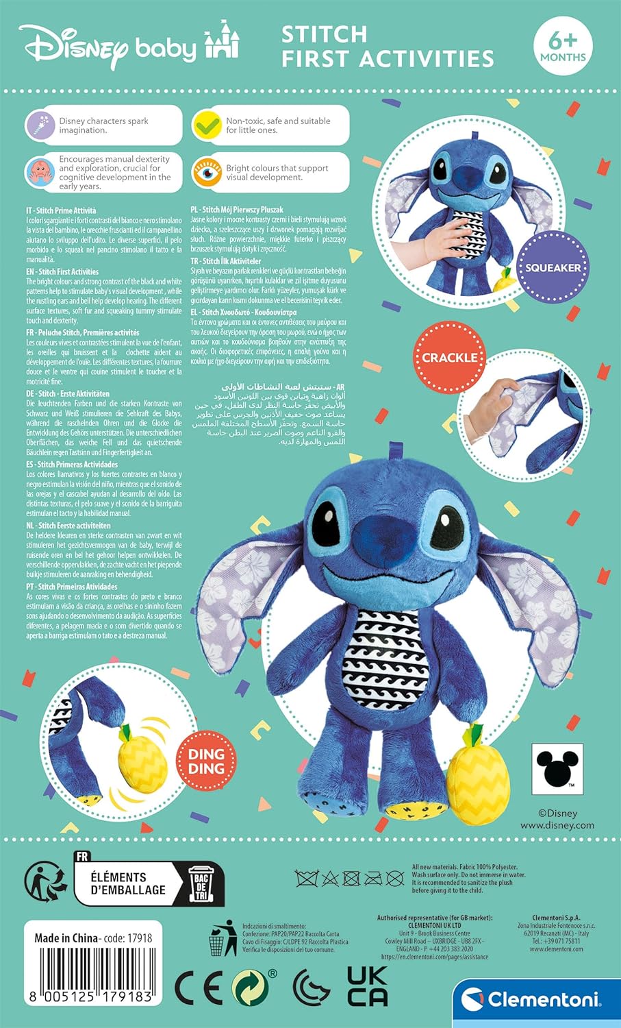 Clementoni Lilo Baby Infant Stitch First Plush Disney, Pushchair Stroller & Pram, Early Development & Activity, Sensory Learning Toys, Gift Toddler 6 Months, 17918, Multicolour