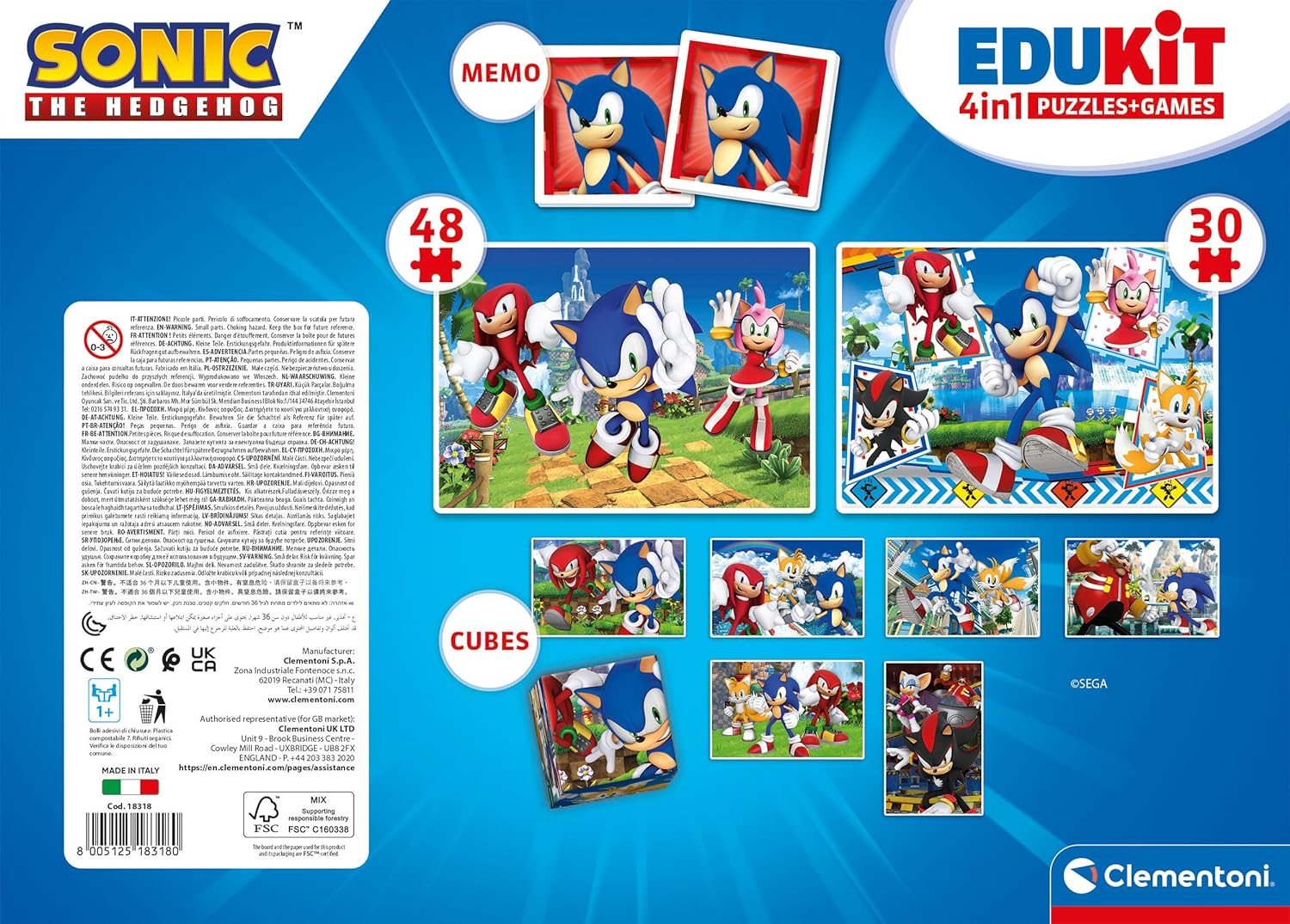 Clementoni Educational Game Edukit 4 in 1 Sonic (Jigsaw Children Puzzle 30 Pieces and 48 Pieces, 6 Cubes, 1 Memo), Game For Children 3-5 Years, Gift For Boy/Girl, Cartoon, Made In Italy, 18318