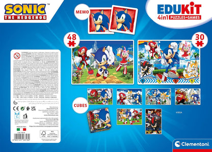 Clementoni Educational Game Edukit 4 in 1 Sonic (Jigsaw Children Puzzle 30 Pieces and 48 Pieces, 6 Cubes, 1 Memo), Game For Children 3-5 Years, Gift For Boy/Girl, Cartoon, Made In Italy, 18318