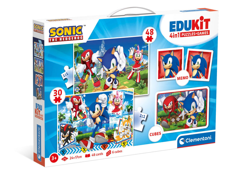 Clementoni Educational Game Edukit 4 in 1 Sonic (Jigsaw Children Puzzle 30 Pieces and 48 Pieces, 6 Cubes, 1 Memo), Game For Children 3-5 Years, Gift For Boy/Girl, Cartoon, Made In Italy, 18318