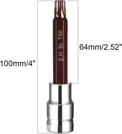 sourcing map 1/2" Drive x T50 Torx Bit Socket, S2 Steel Bits CR-V Sockets 4" Length Use with Ratchet Wrench, Slide Bar, Extension Rod
