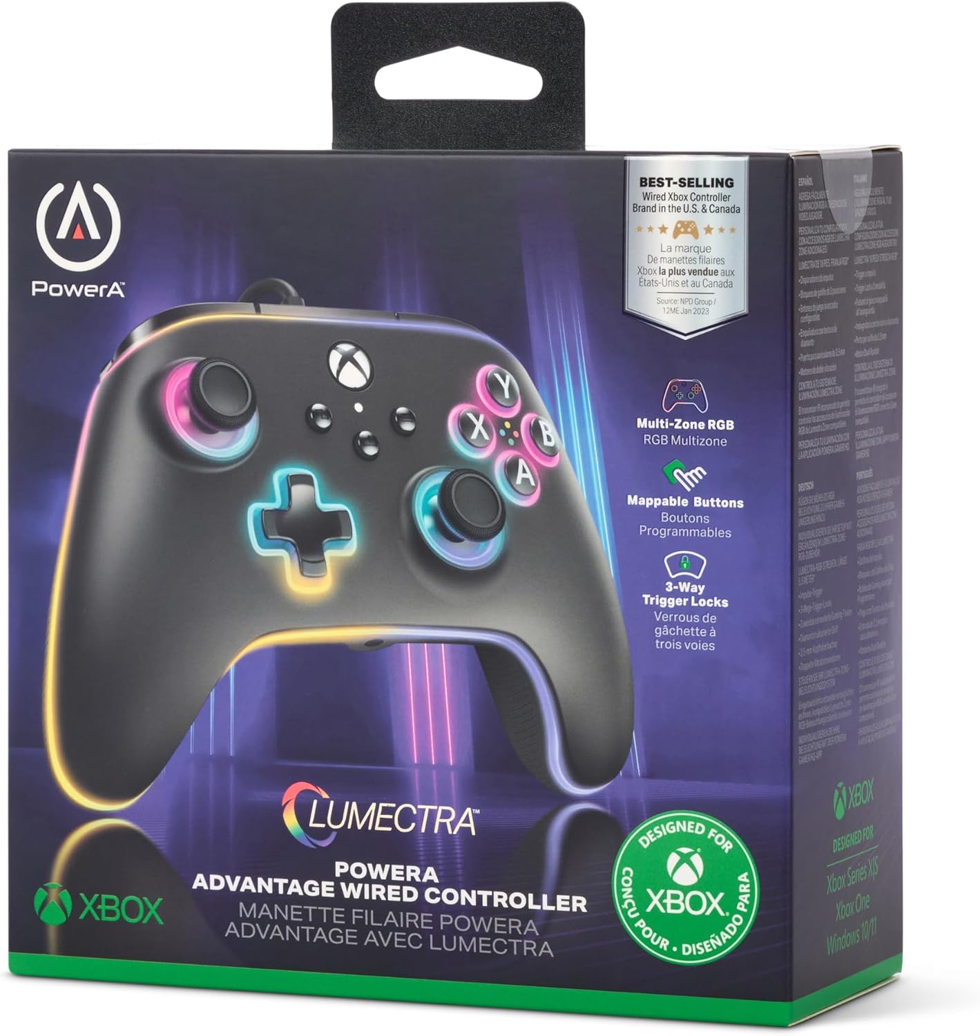 PowerA Advantage Wired Controller for Xbox Series X|S with Lumectra - Black, Gamepad, Wired Video Game Controller, Gaming Controller, works with Xbox One and Windows 10/11, Officially Licensed