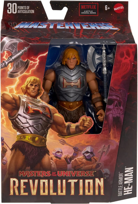Masters of the Universe MOTU Revolution He-Man con armadura de batalla Figura de acción con accesorios, juguete +6 años (Mattel HYC49
